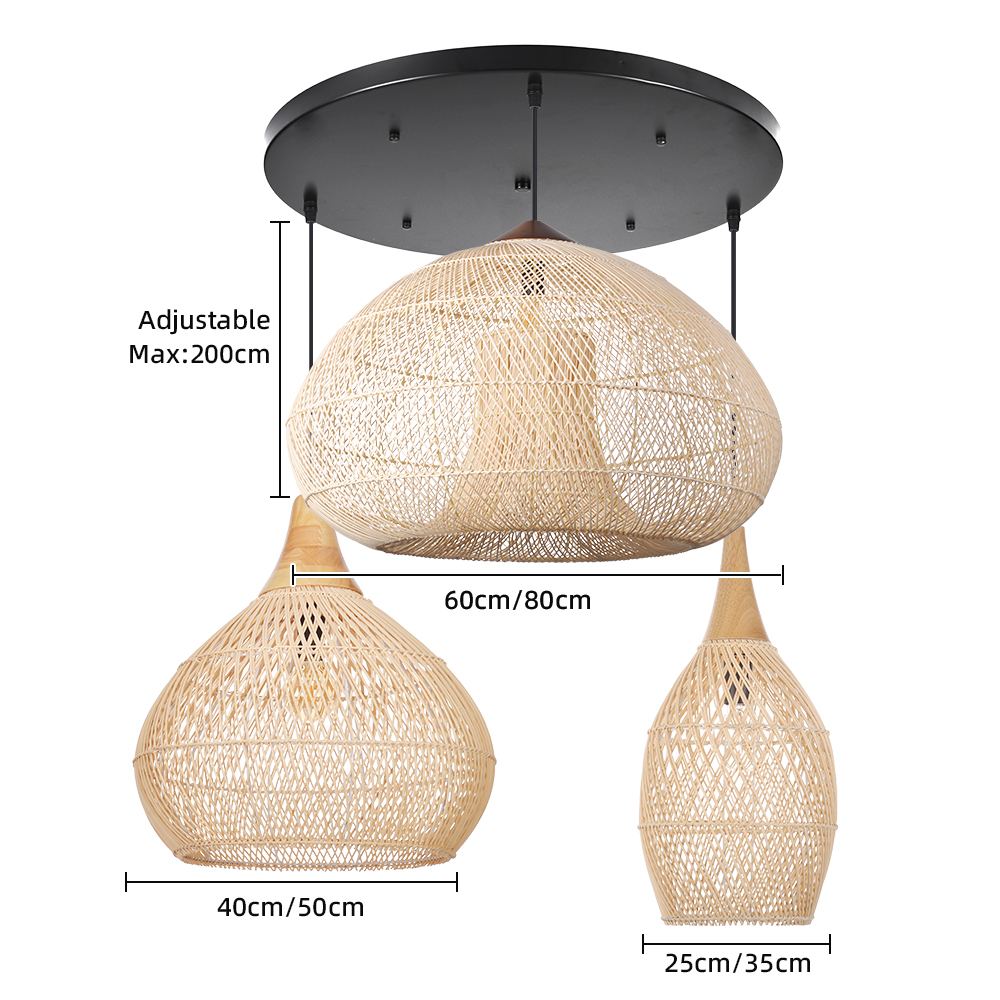 Wabi-Sabi Style 3-Head Rattan Pendant Light for Living Room