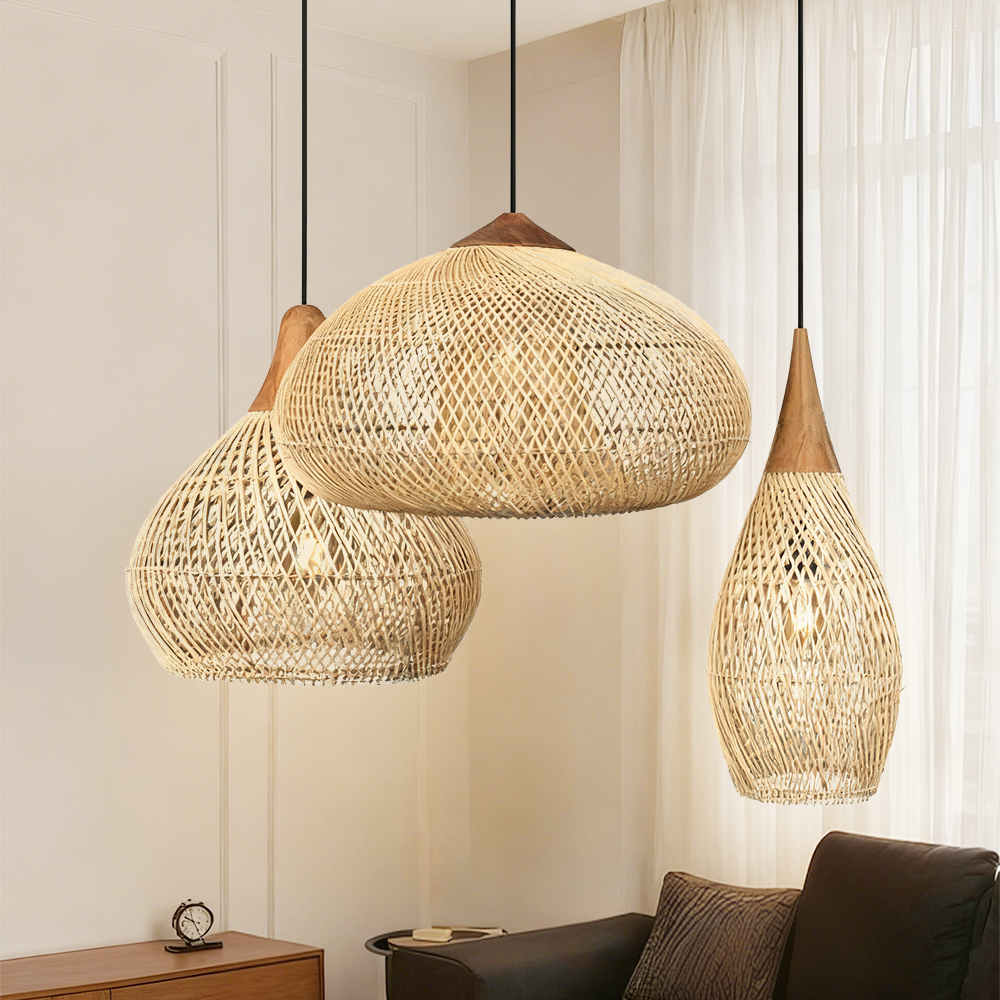 Wabi-Sabi Style 3-Head Rattan Pendant Light for Living Room