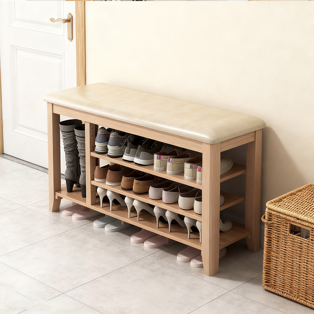 Solid Wood Shoe Changing Stool with Soft Cushion for Door Entrance
