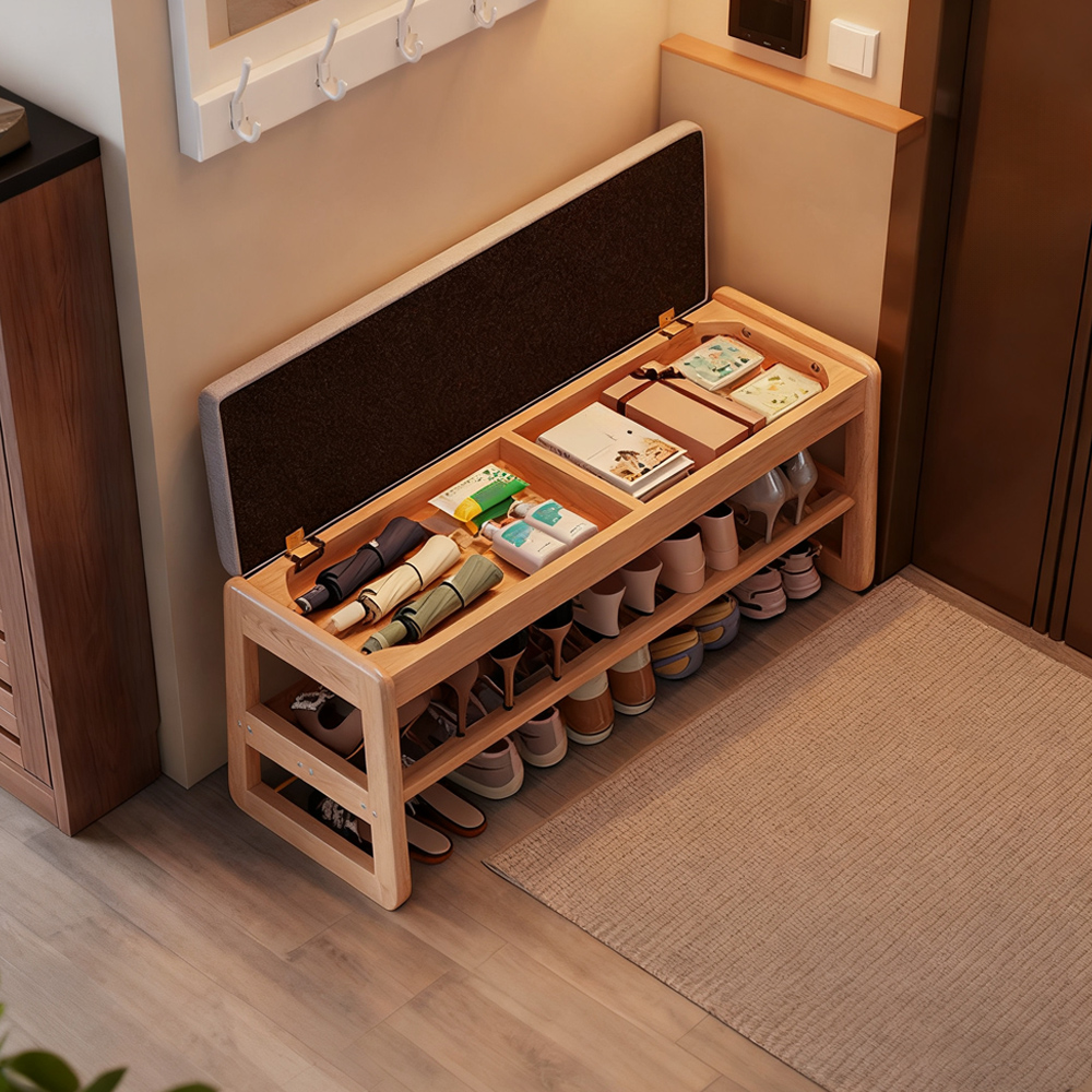 Solid Wood Shoe Changing Stool Entryway Storage Multi Function Hallway Storage Stool