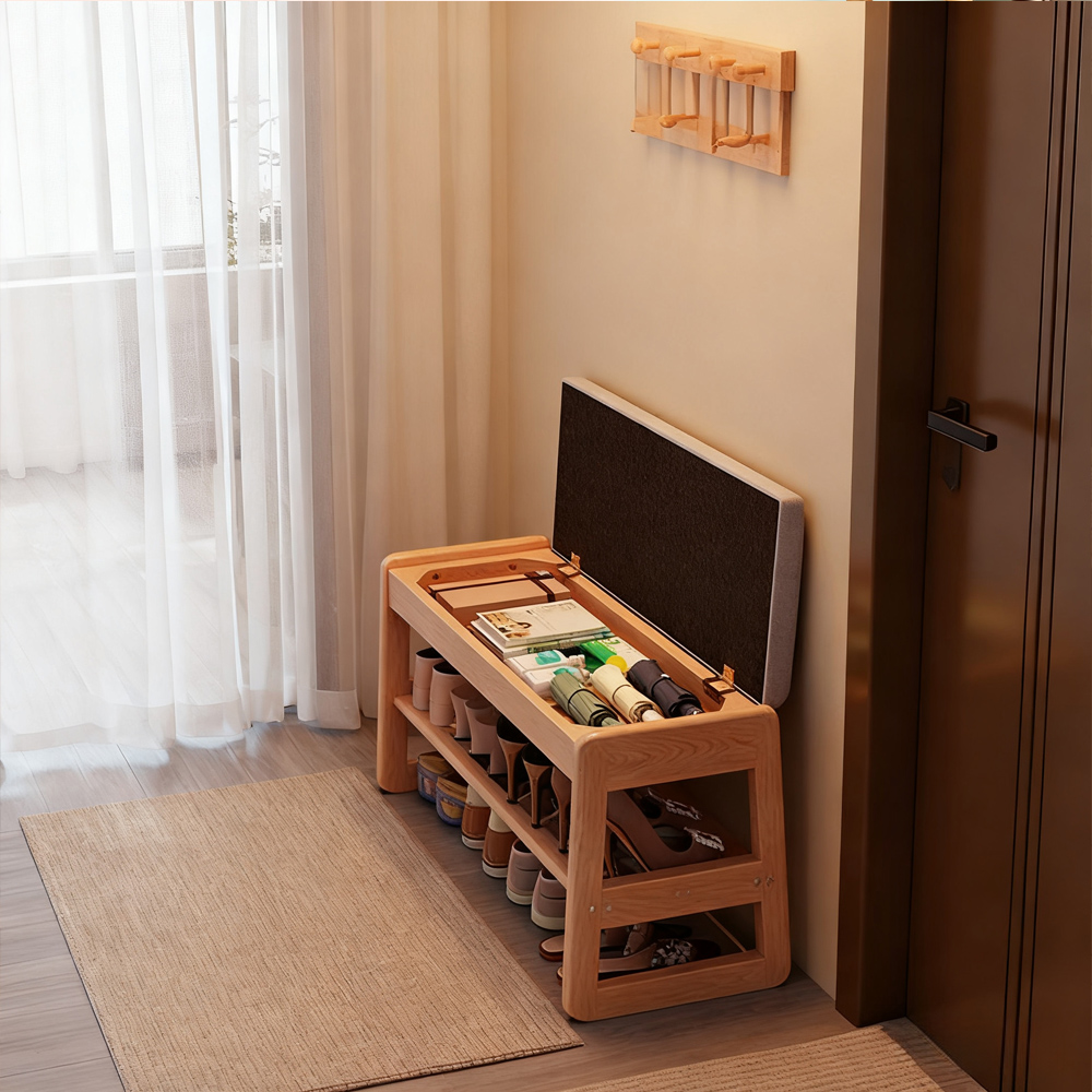 Solid Wood Shoe Changing Stool Entryway Storage Multi Function Hallway Storage Stool