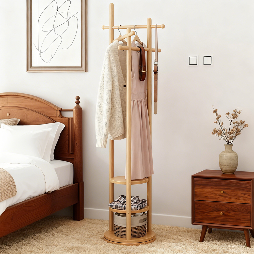 Nordic Style Solid Wood Rotating Coat Rack with Multi-Function Storage