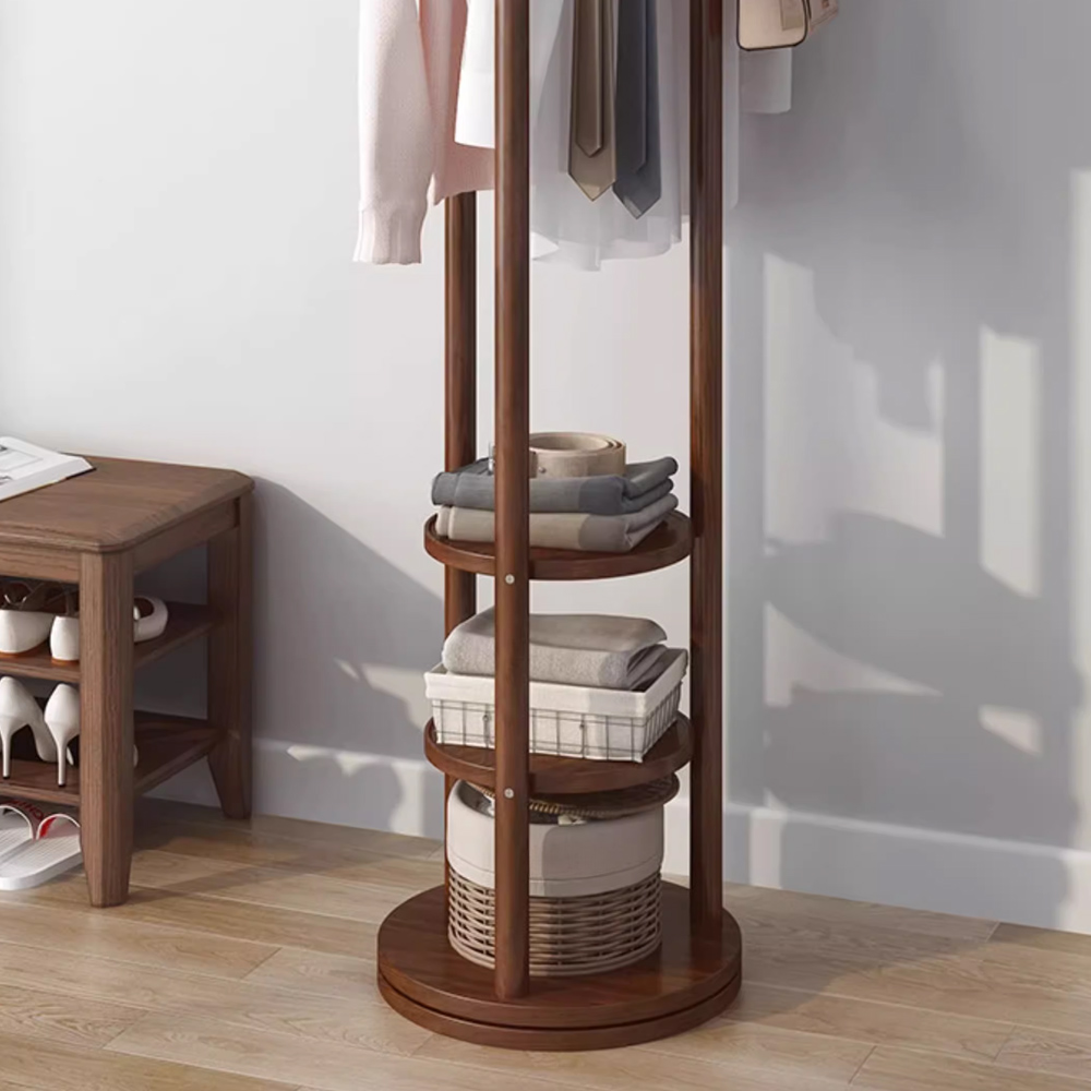 Nordic Style Solid Wood Rotating Coat Rack with Multi-Function Storage