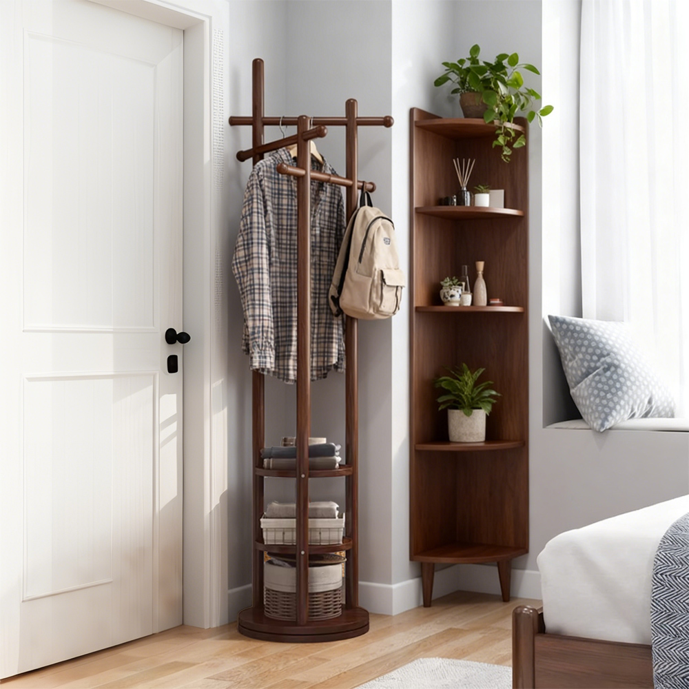 Nordic Style Solid Wood Rotating Coat Rack with Multi-Function Storage