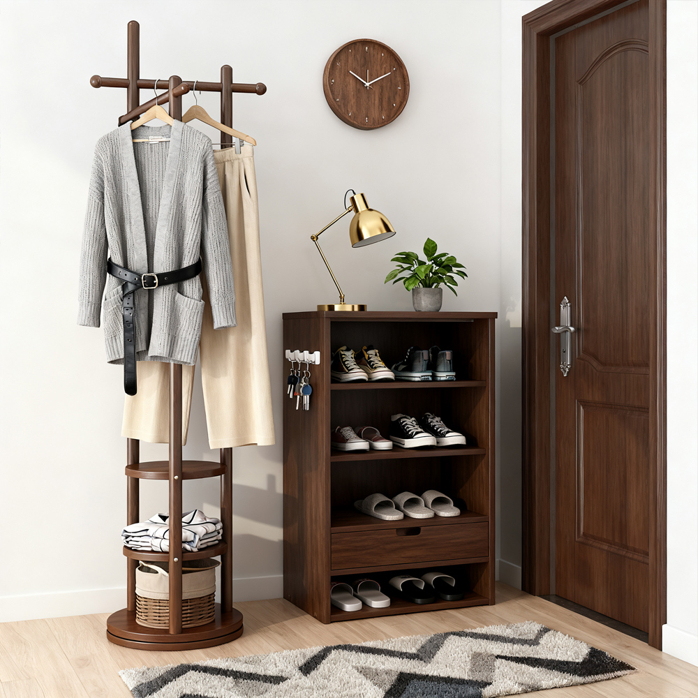 Nordic Style Solid Wood Rotating Coat Rack with Multi-Function Storage
