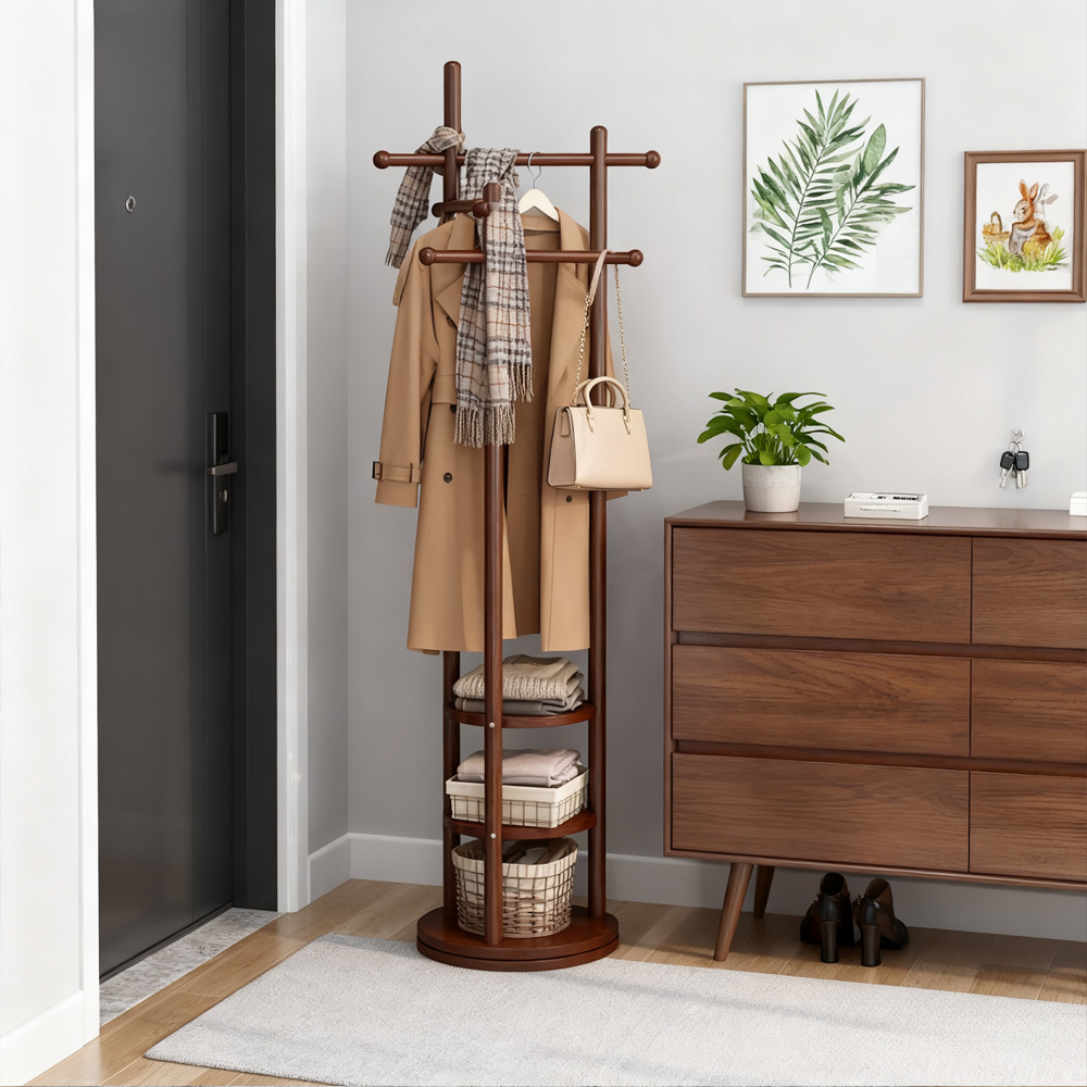 Nordic Style Solid Wood Rotating Coat Rack with Multi-Function Storage