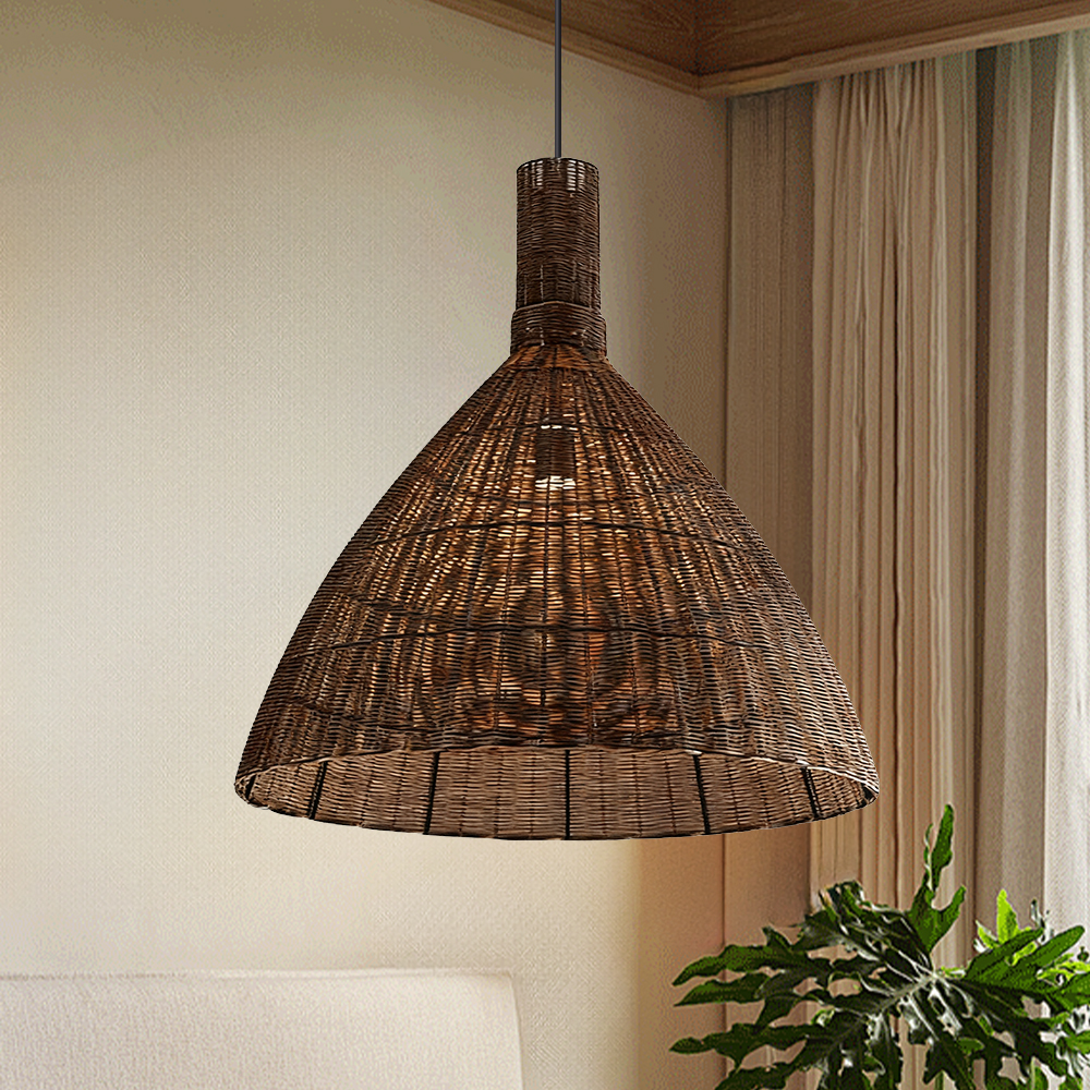 Handwoven Brown Rattan Pendant Light Wabi Sabi Style Dining Room Lampshade