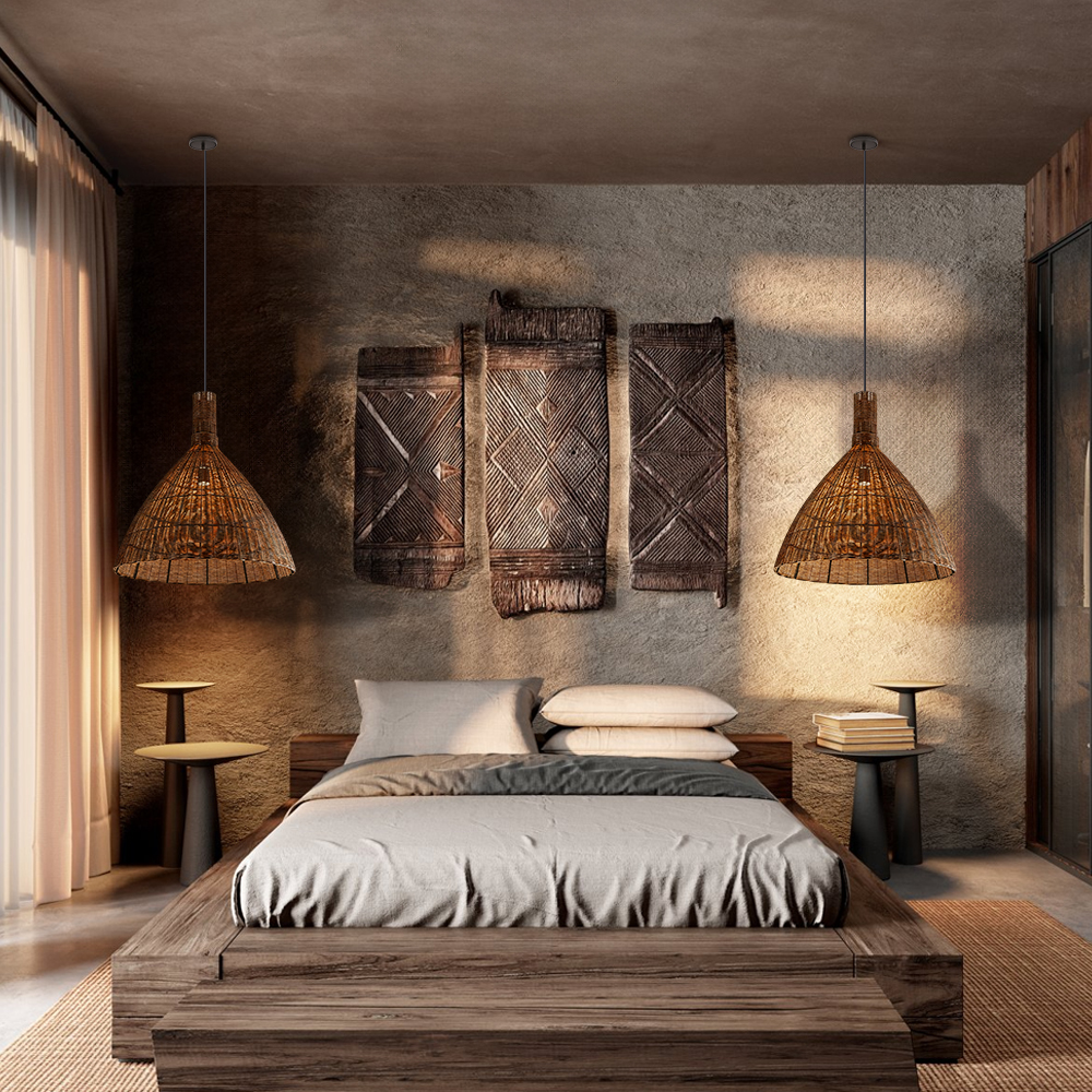 Handwoven Brown Rattan Pendant Light Wabi Sabi Style Dining Room Lampshade