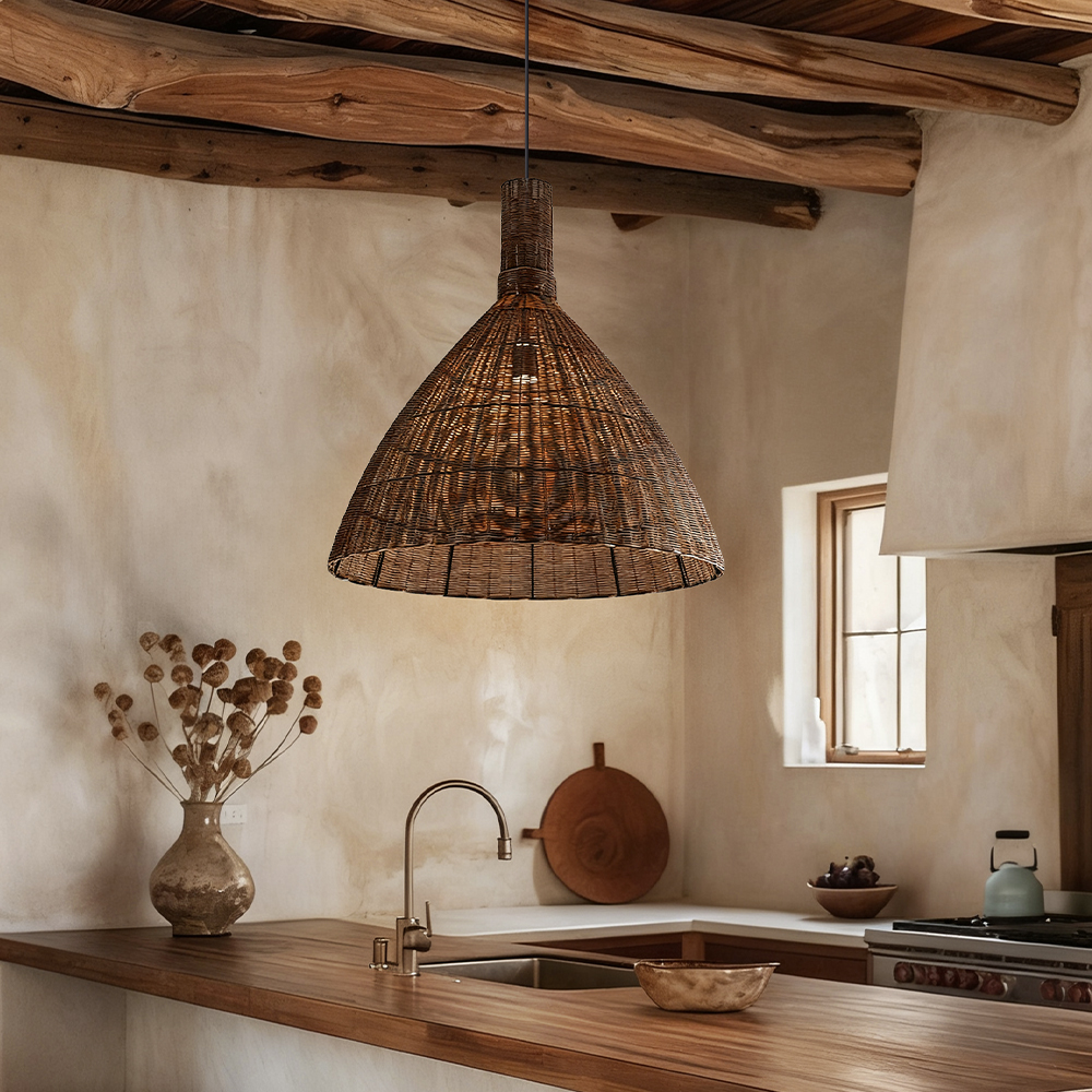 Handwoven Brown Rattan Pendant Light Wabi Sabi Style Dining Room Lampshade
