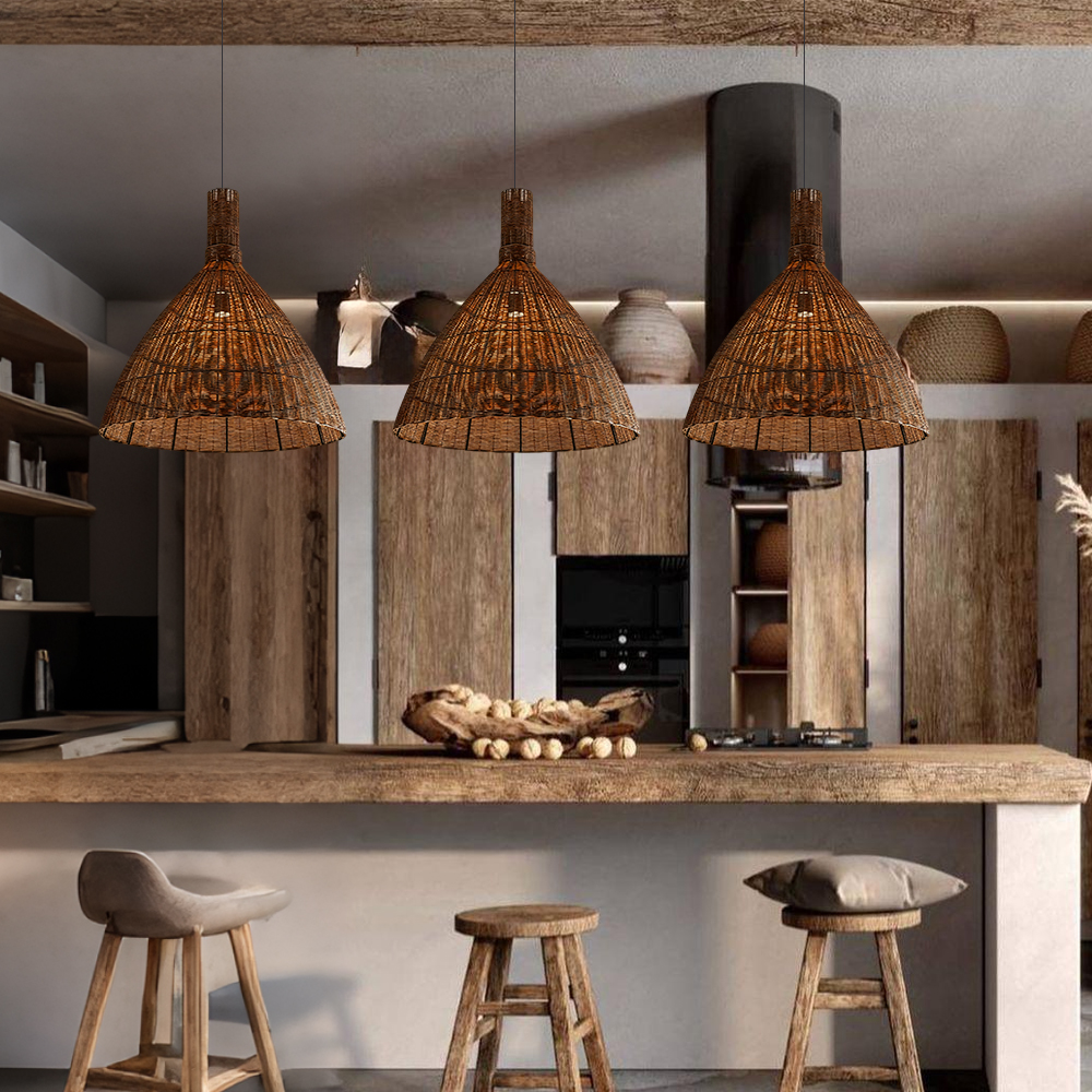 Handwoven Brown Rattan Pendant Light Wabi Sabi Style Dining Room Lampshade