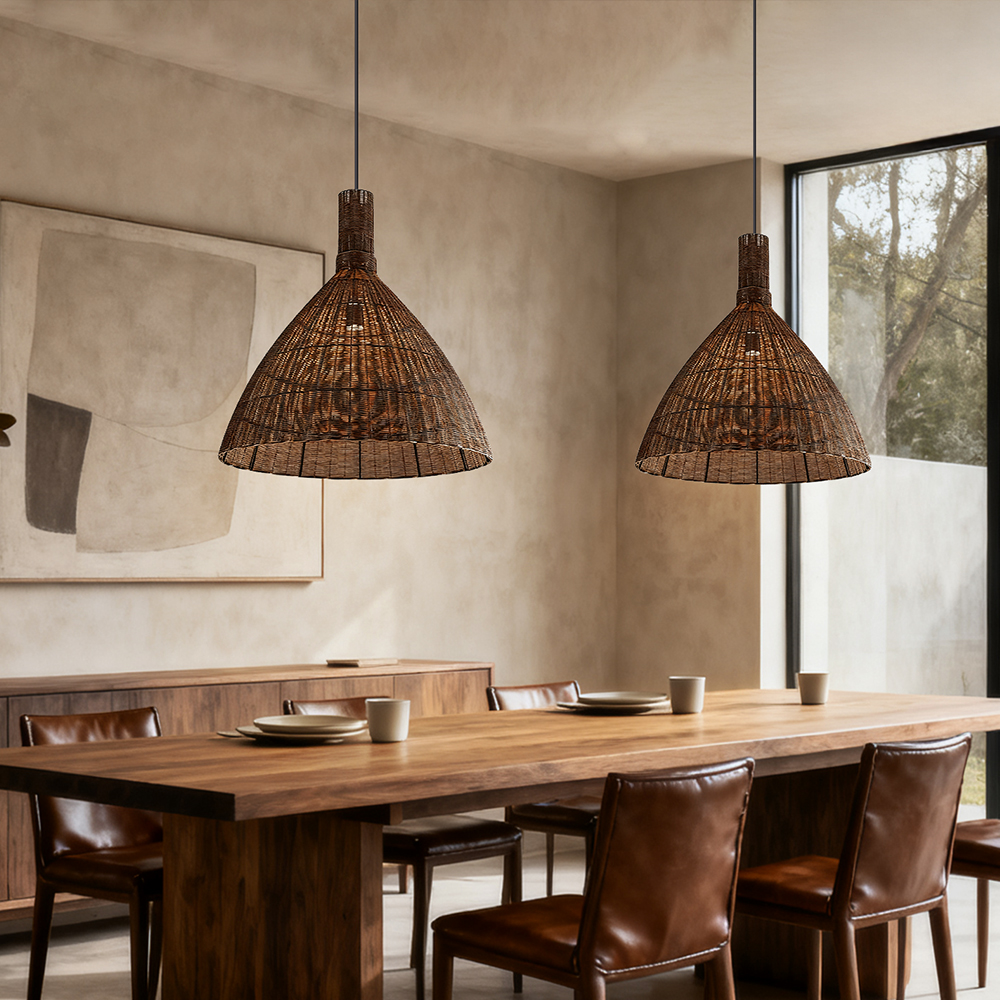 Handwoven Brown Rattan Pendant Light Wabi Sabi Style Dining Room Lampshade