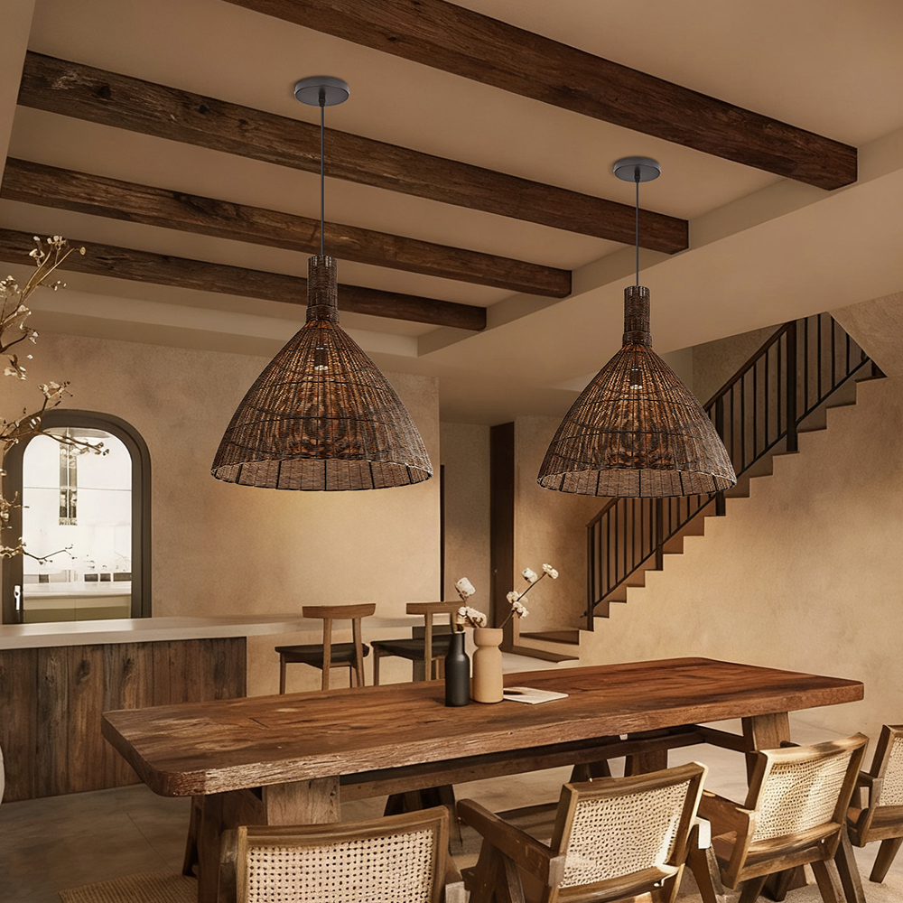 Handwoven Brown Rattan Pendant Light Wabi Sabi Style Dining Room Lampshade