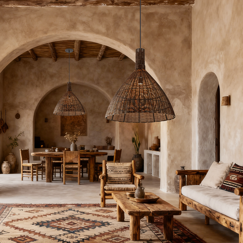 Handwoven Brown Rattan Pendant Light Wabi Sabi Style Dining Room Lampshade