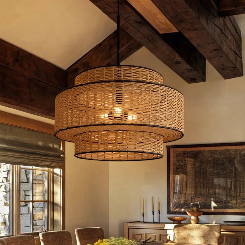 Japanese Handmade Hemp Rope Pendant Light Lantern Shaped Dining Room Lamp