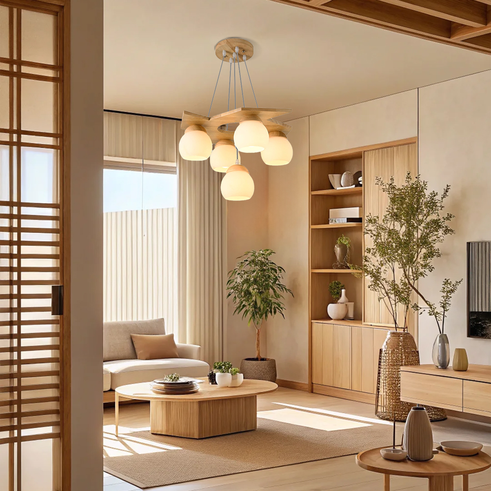 5 Head Nordic Walnut Wood Pendant Light  for Living Room