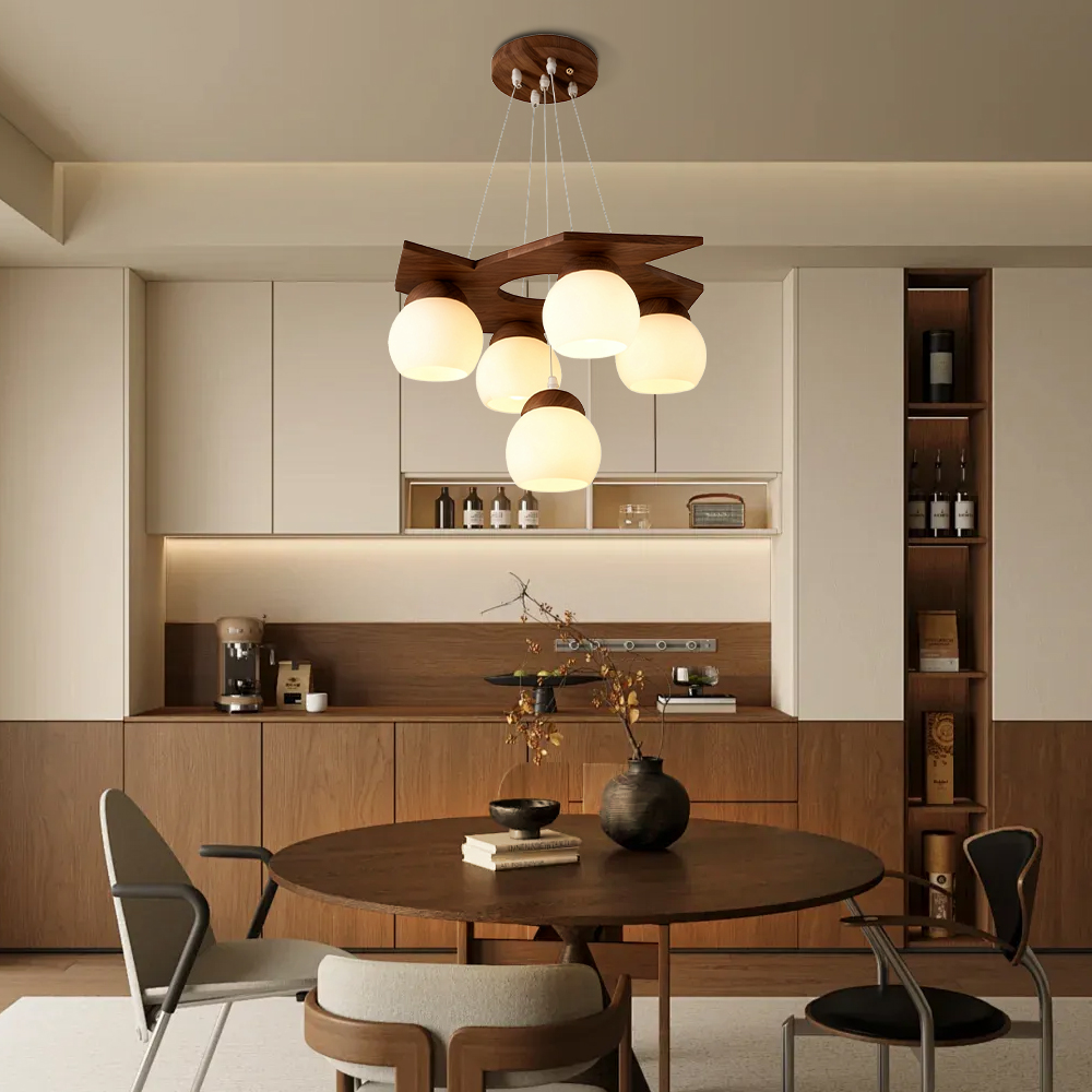5 Head Nordic Walnut Wood Pendant Light  for Living Room