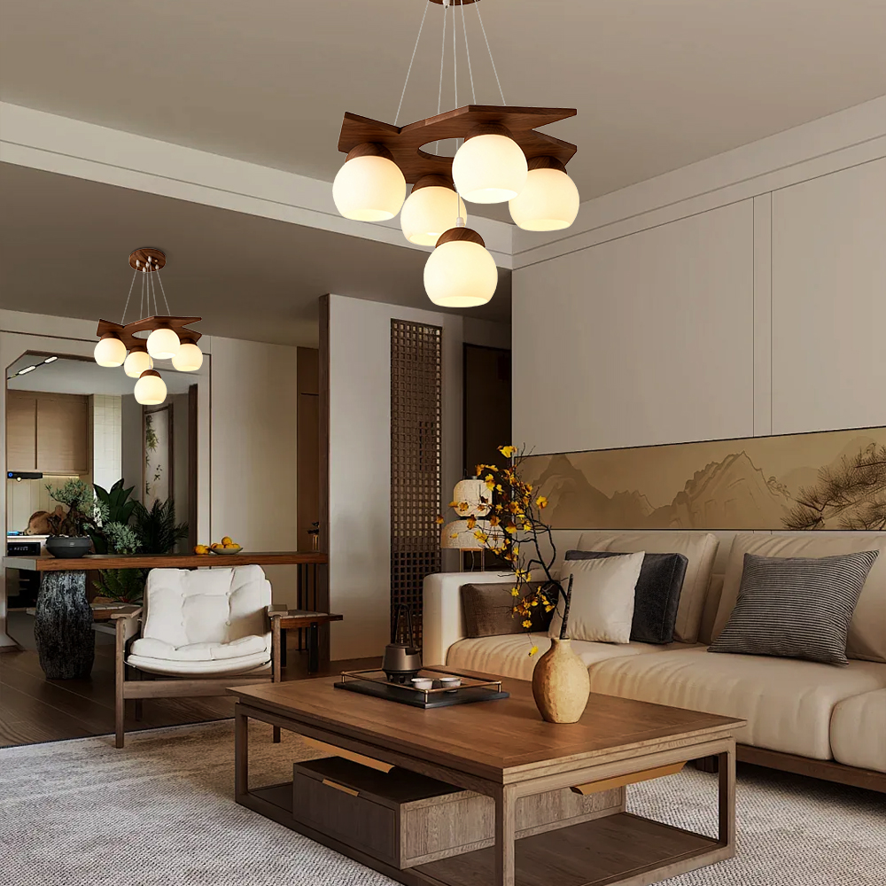 5 Head Nordic Walnut Wood Pendant Light  for Living Room