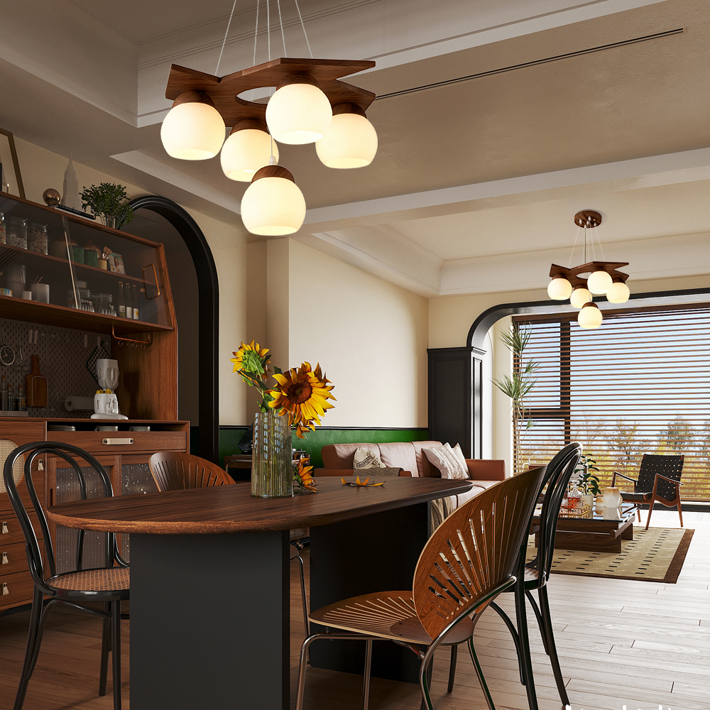 5 Head Nordic Walnut Wood Pendant Light  for Living Room