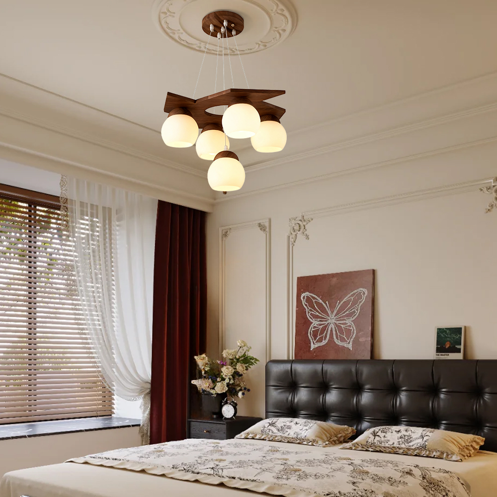 5 Head Nordic Walnut Wood Pendant Light  for Living Room
