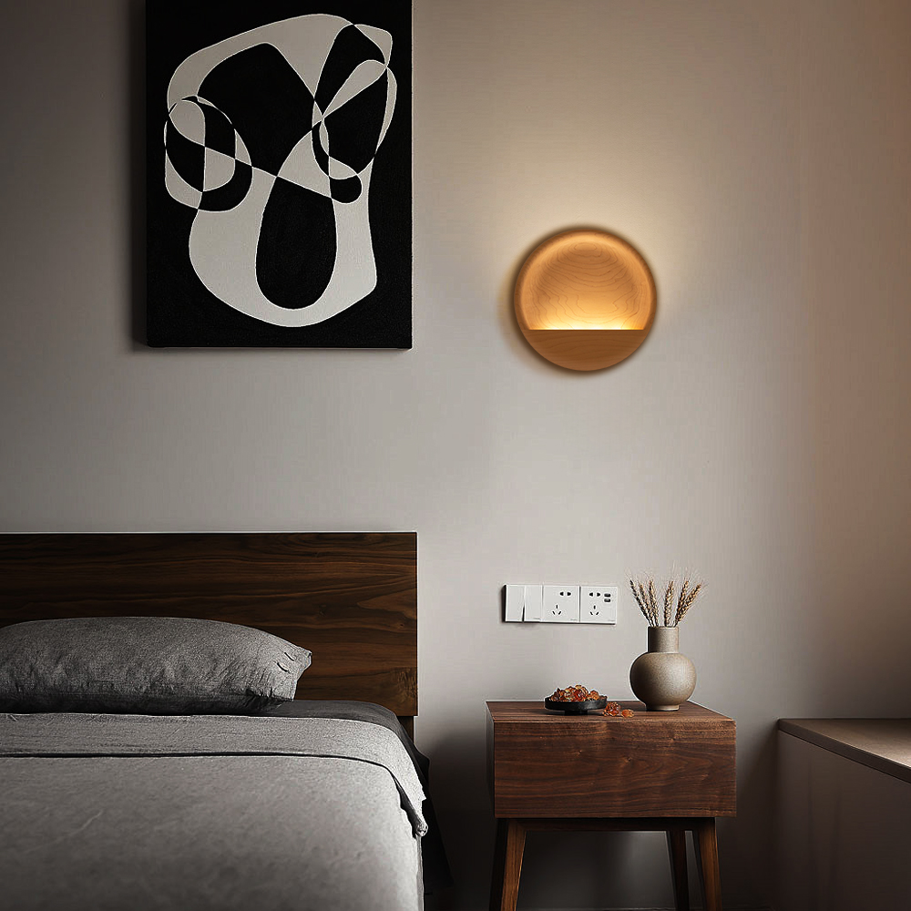Nordic Solid Wood Sunrise Wall Lamp Bedside Light