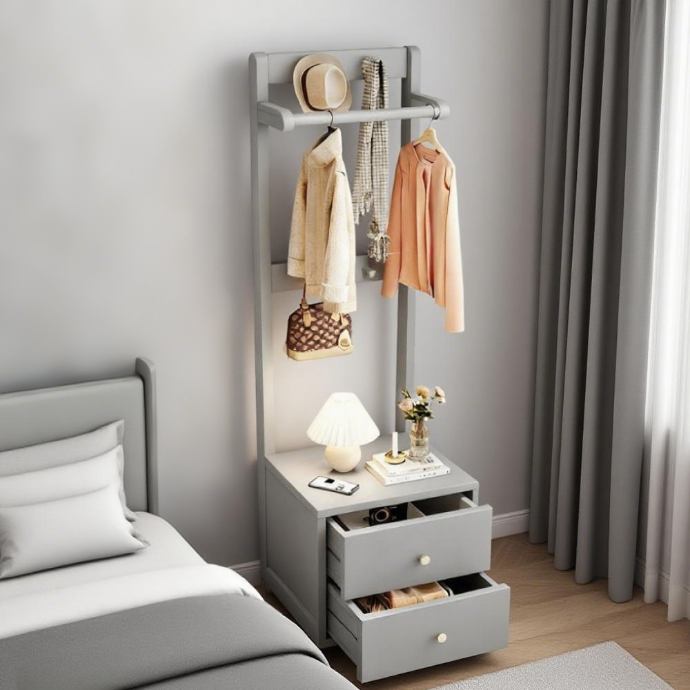 Solid Wood Bedside Cabinet with Integrated Hanger Bedroom Floor  Standing Storage Shelf