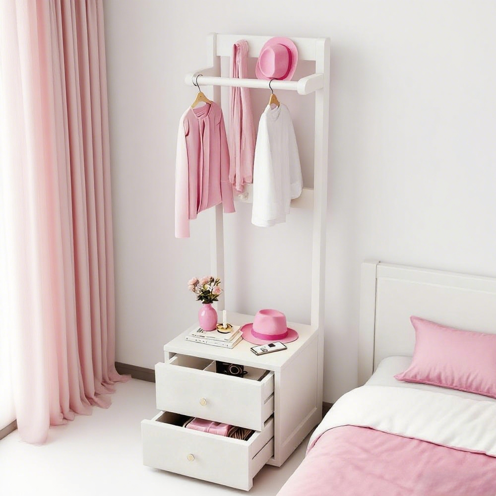 Solid Wood Bedside Cabinet with Integrated Hanger Bedroom Floor  Standing Storage Shelf