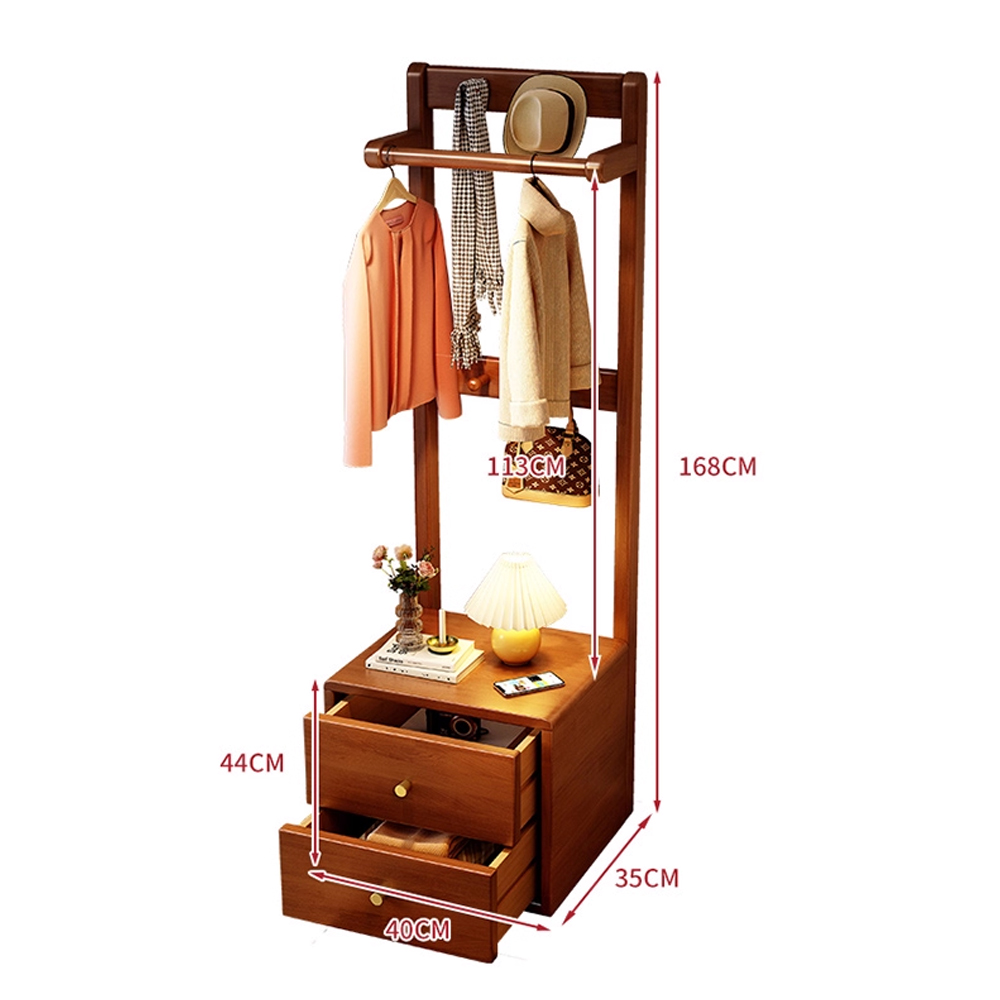 Solid Wood Bedside Cabinet with Integrated Hanger Bedroom Floor  Standing Storage Shelf
