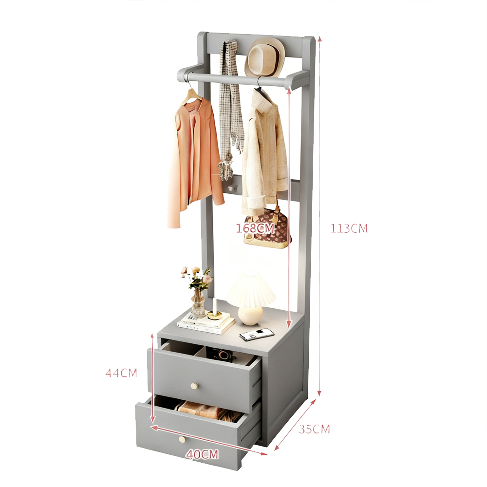 Solid Wood Bedside Cabinet with Integrated Hanger Bedroom Floor  Standing Storage Shelf