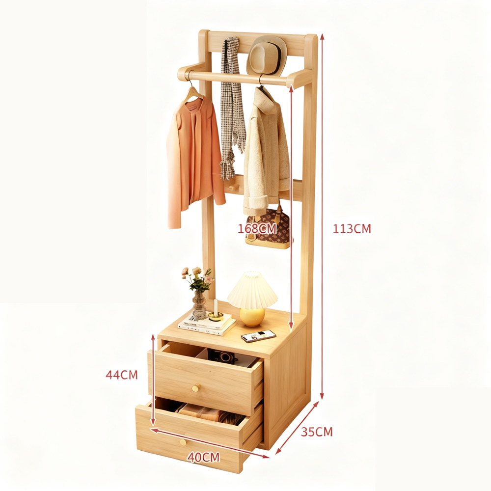 Solid Wood Bedside Cabinet with Integrated Hanger Bedroom Floor  Standing Storage Shelf