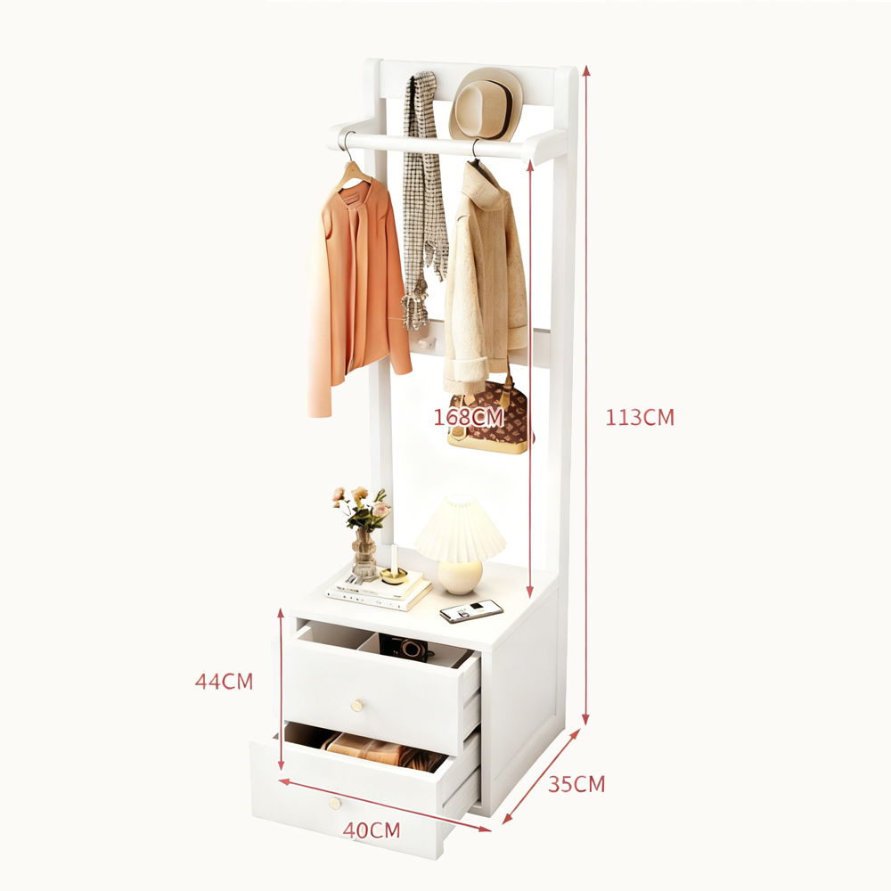 Solid Wood Bedside Cabinet with Integrated Hanger Bedroom Floor  Standing Storage Shelf