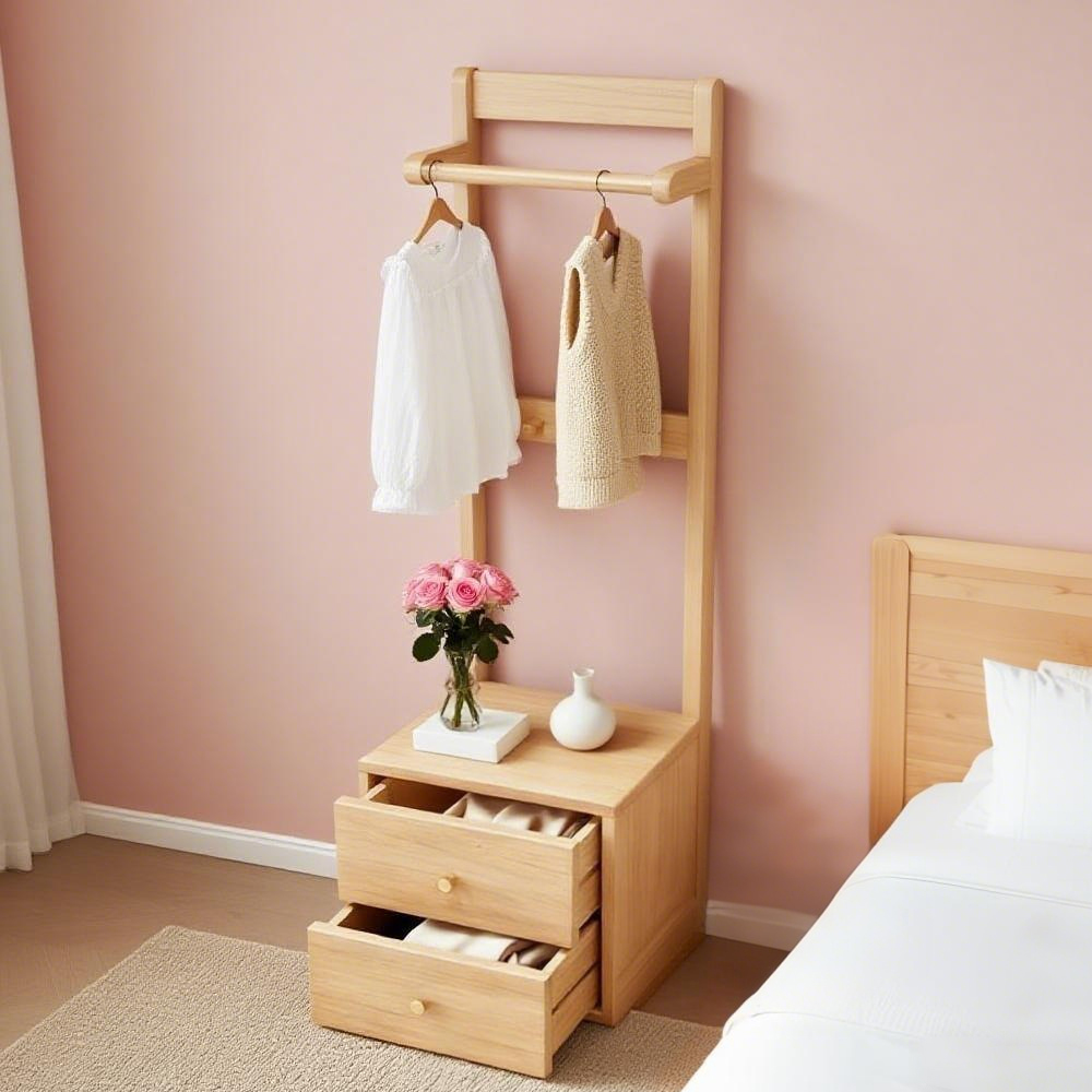 Solid Wood Bedside Cabinet with Integrated Hanger Bedroom Floor  Standing Storage Shelf