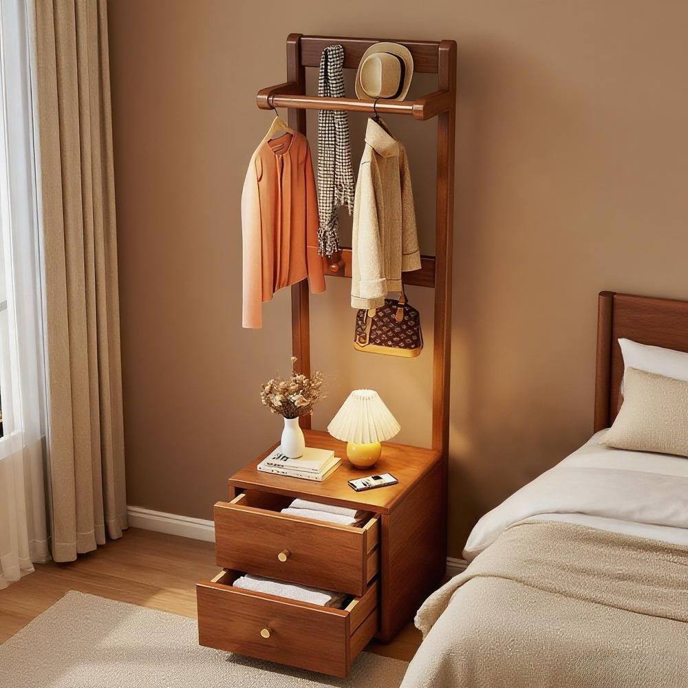 Solid Wood Bedside Cabinet with Integrated Hanger Bedroom Floor  Standing Storage Shelf