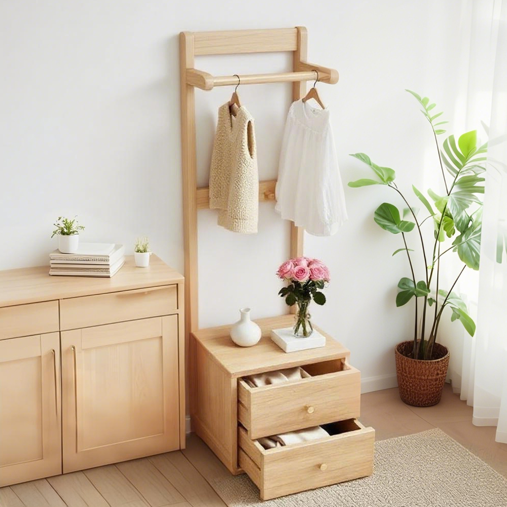 Solid Wood Bedside Cabinet with Integrated Hanger Bedroom Floor  Standing Storage Shelf