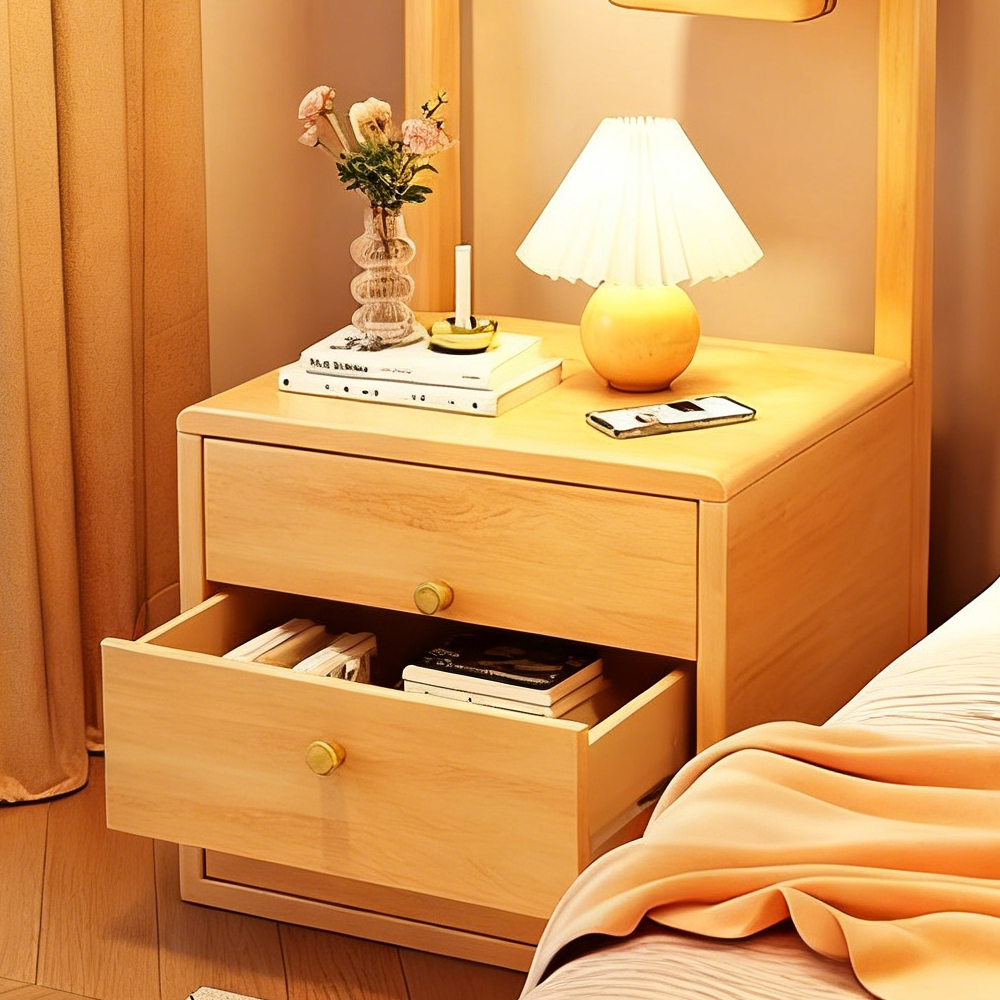 Solid Wood Bedside Cabinet with Integrated Hanger Bedroom Floor  Standing Storage Shelf