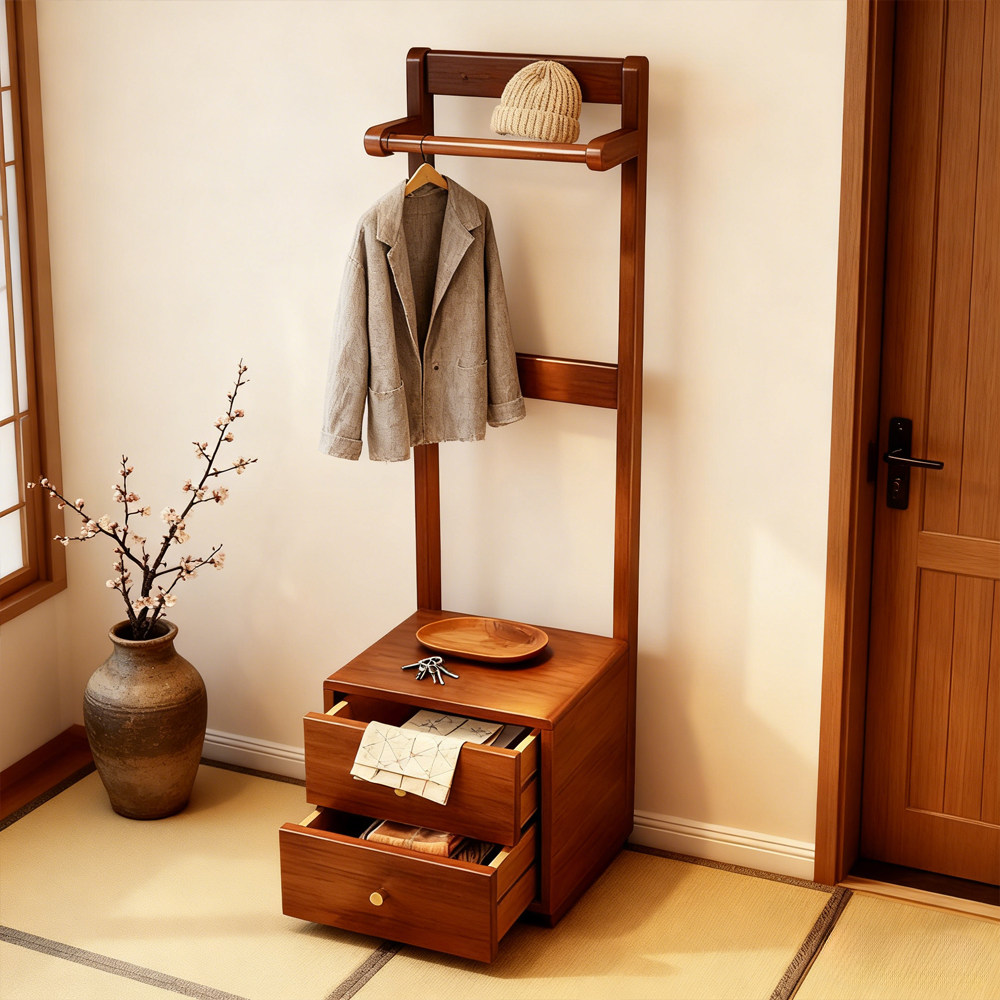 Solid Wood Bedside Cabinet with Integrated Hanger Bedroom Floor  Standing Storage Shelf