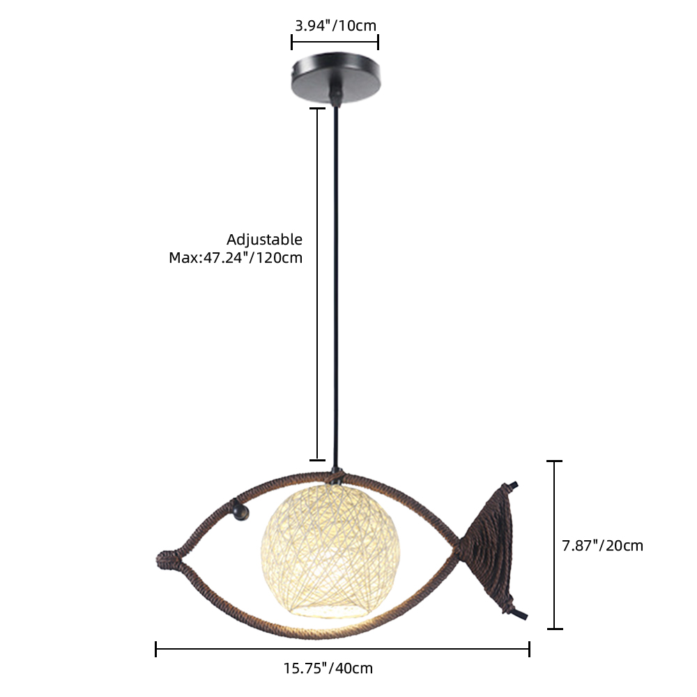 Fish Shaped Rope Pendant Light Boho Hanging Lamp for Bedroom Dining Room