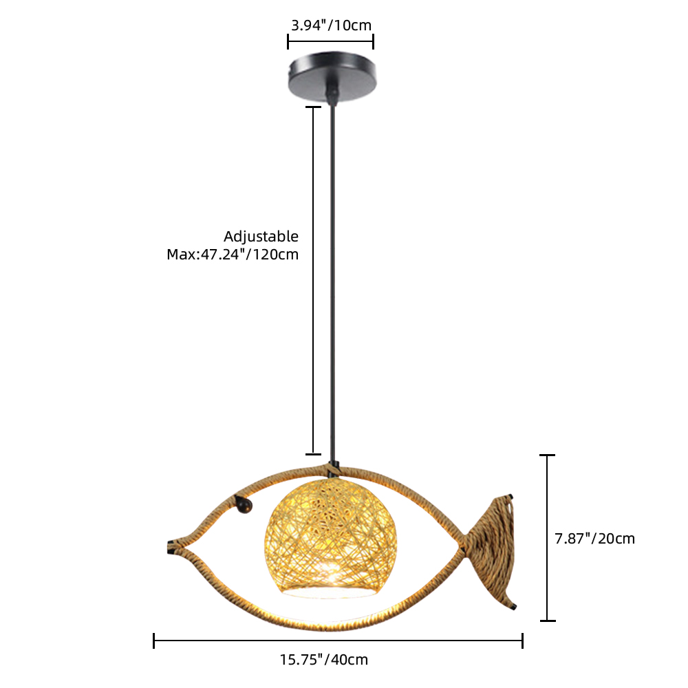 Fish Shaped Rope Pendant Light Boho Hanging Lamp for Bedroom Dining Room