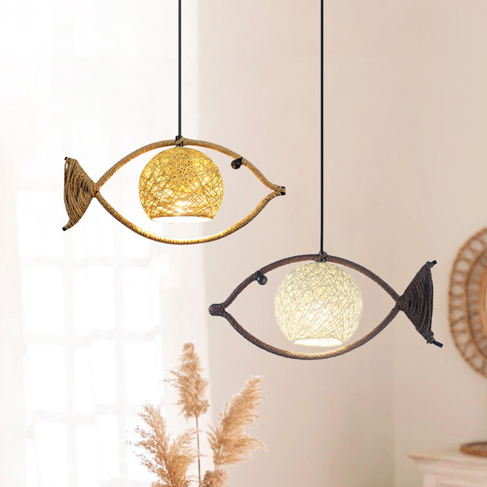 Fish Shaped Rope Pendant Light Boho Hanging Lamp for Bedroom Dining Room