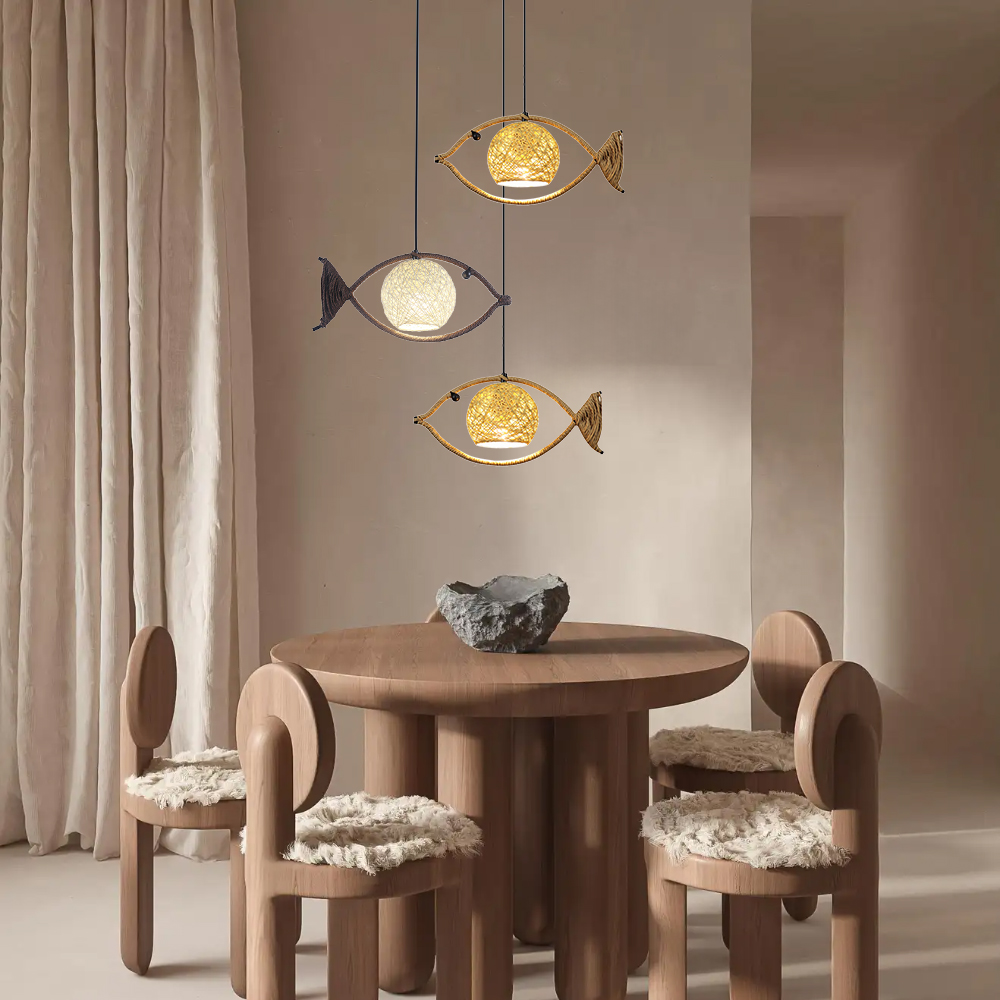 Fish Shaped Rope Pendant Light Boho Hanging Lamp for Bedroom Dining Room