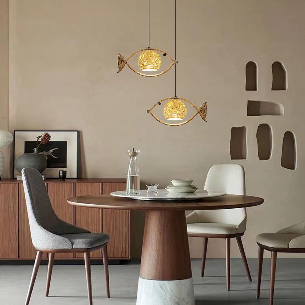 Fish Shaped Rope Pendant Light Boho Hanging Lamp for Bedroom Dining Room