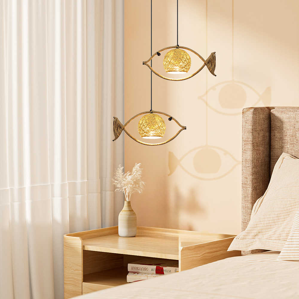 Fish Shaped Rope Pendant Light Boho Hanging Lamp for Bedroom Dining Room