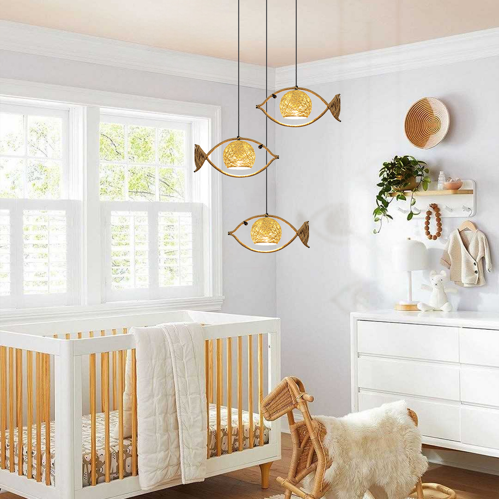 Fish Shaped Rope Pendant Light Boho Hanging Lamp for Bedroom Dining Room
