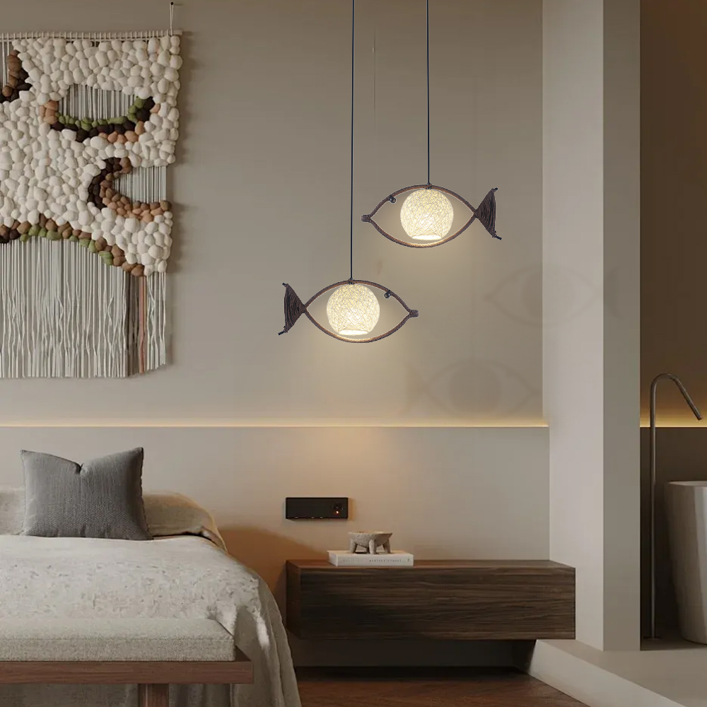 Fish Shaped Rope Pendant Light Boho Hanging Lamp for Bedroom Dining Room