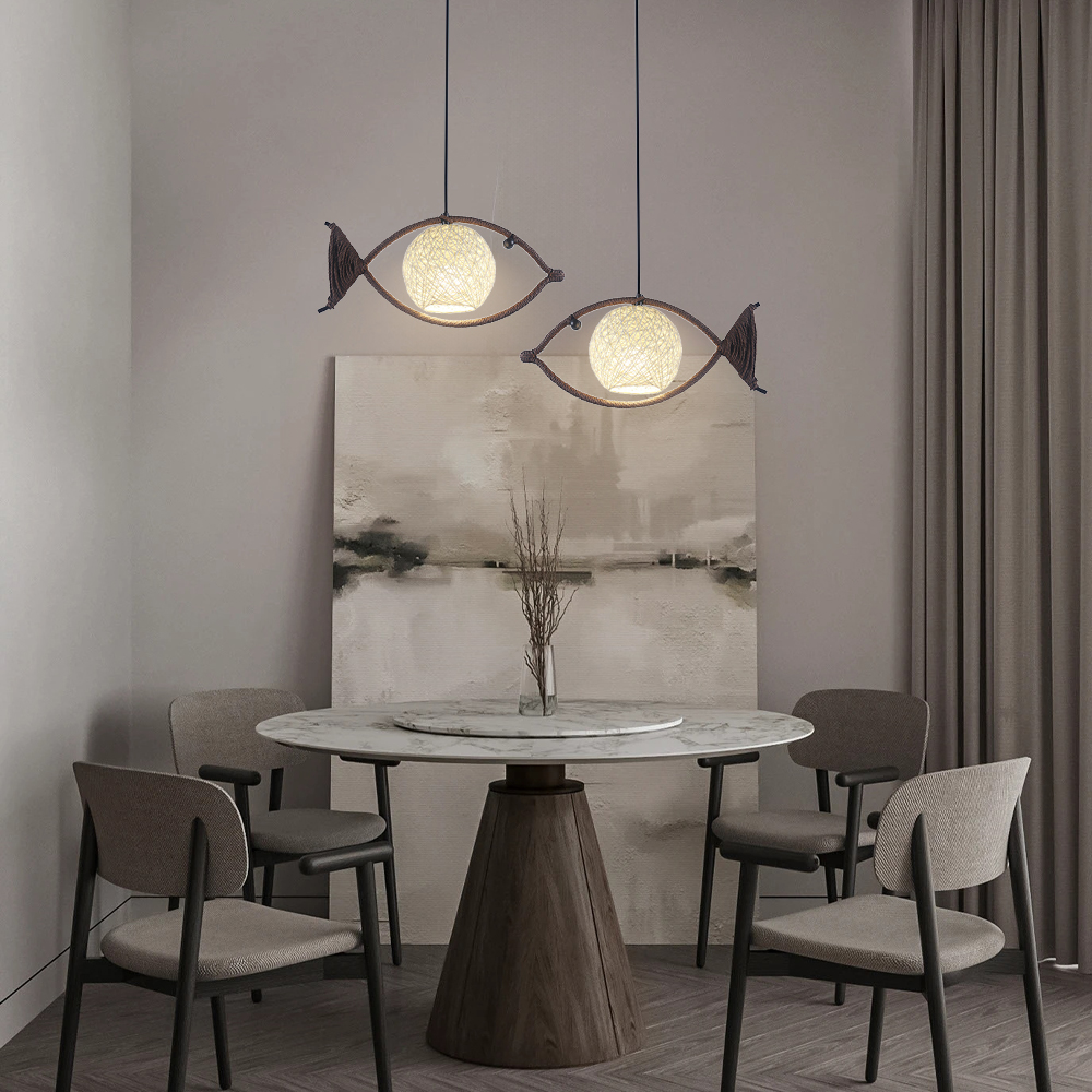 Fish Shaped Rope Pendant Light Boho Hanging Lamp for Bedroom Dining Room