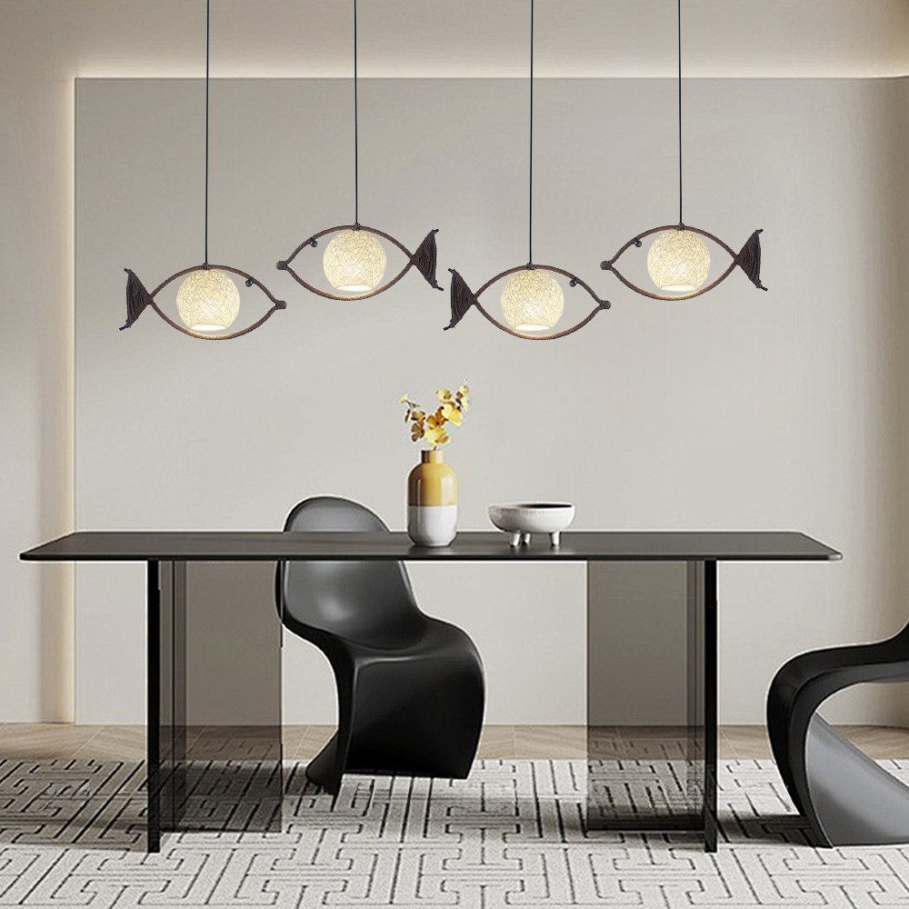 Fish Shaped Rope Pendant Light Boho Hanging Lamp for Bedroom Dining Room