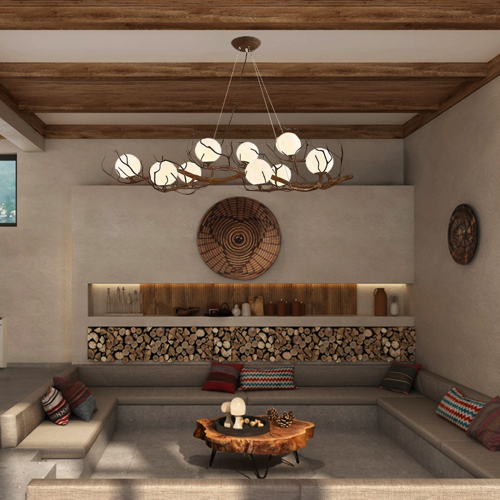 Wabi Sabi Style Branch Sphere Chandelier Living Room Artistic Ambience Lamp
