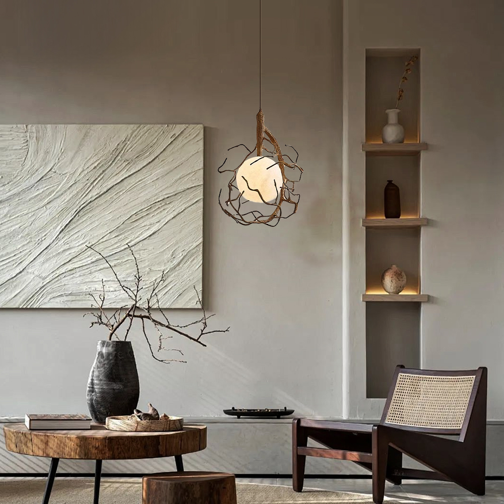 Wabi Sabi Style Branch Sphere Chandelier Living Room Artistic Ambience Lamp