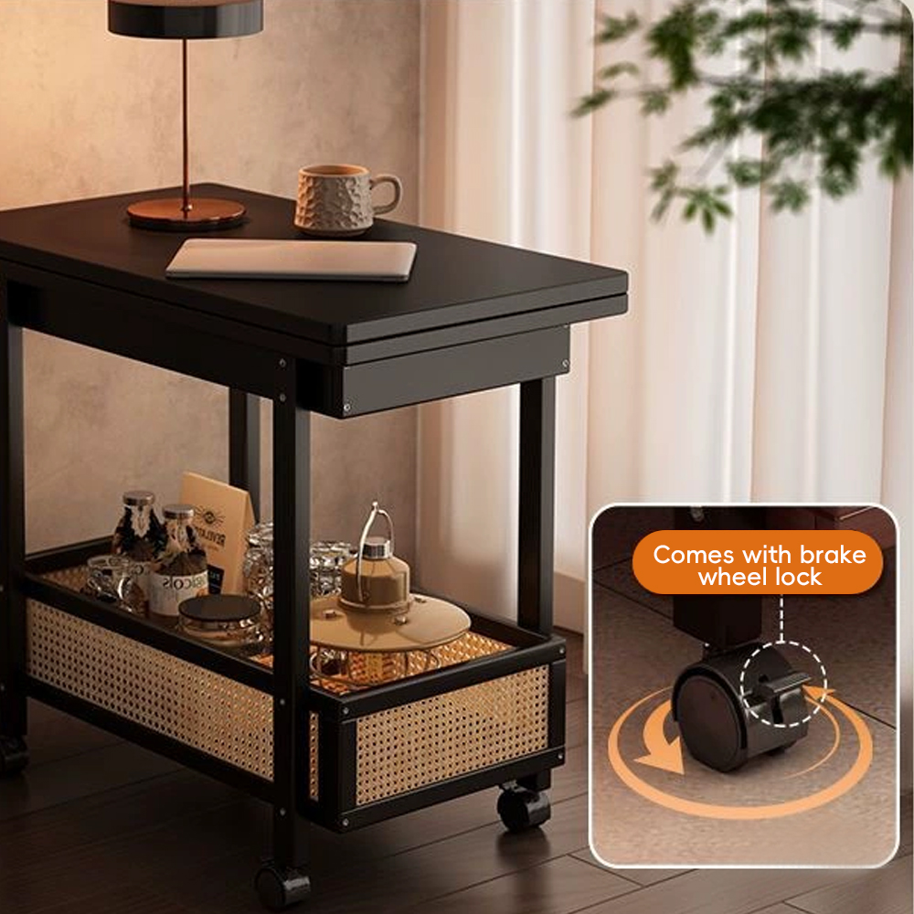 Foldable Rolling Side Table with Storage Shelf Mobile Sofa Side Table for Living Room
