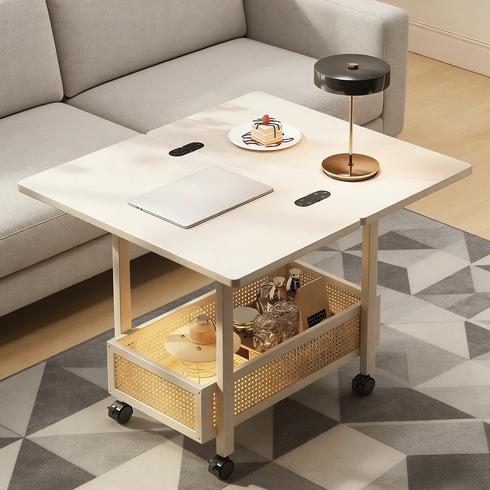 Foldable Rolling Side Table with Storage Shelf Mobile Sofa Side Table for Living Room