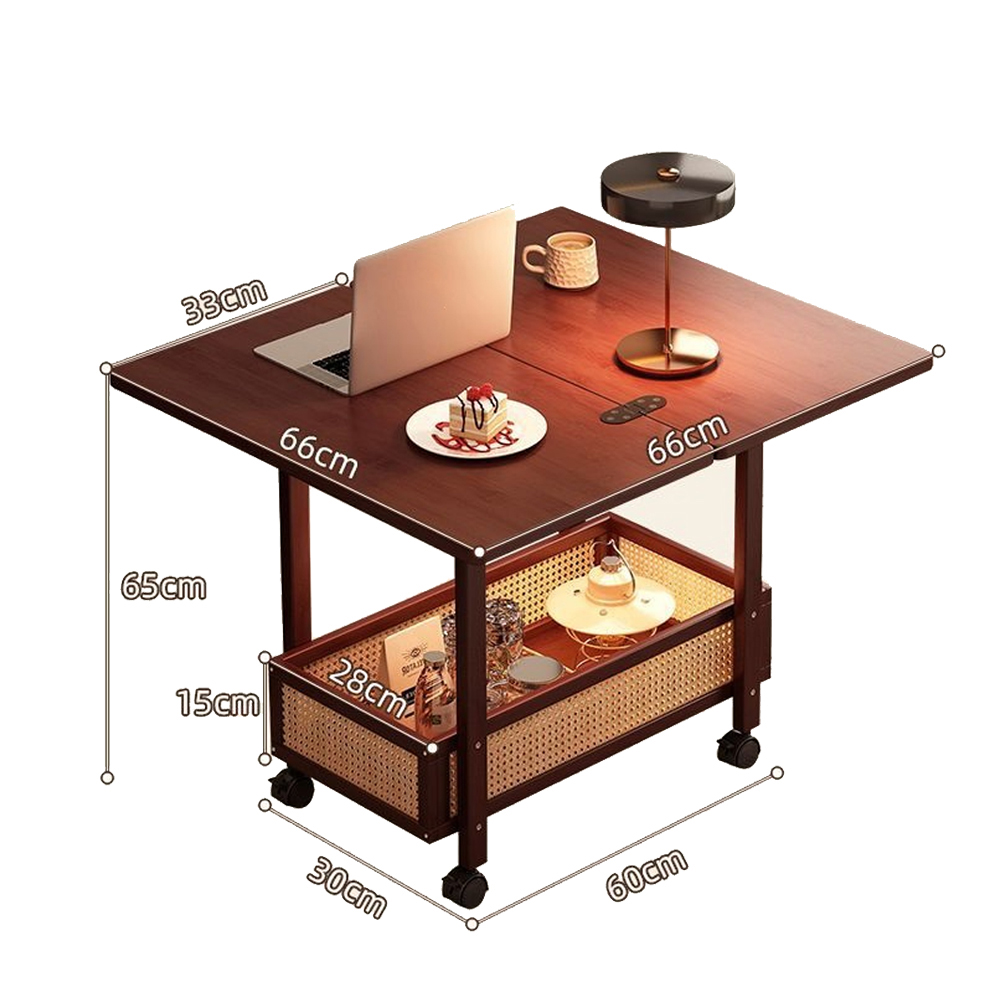 Foldable Rolling Side Table with Storage Shelf Mobile Sofa Side Table for Living Room